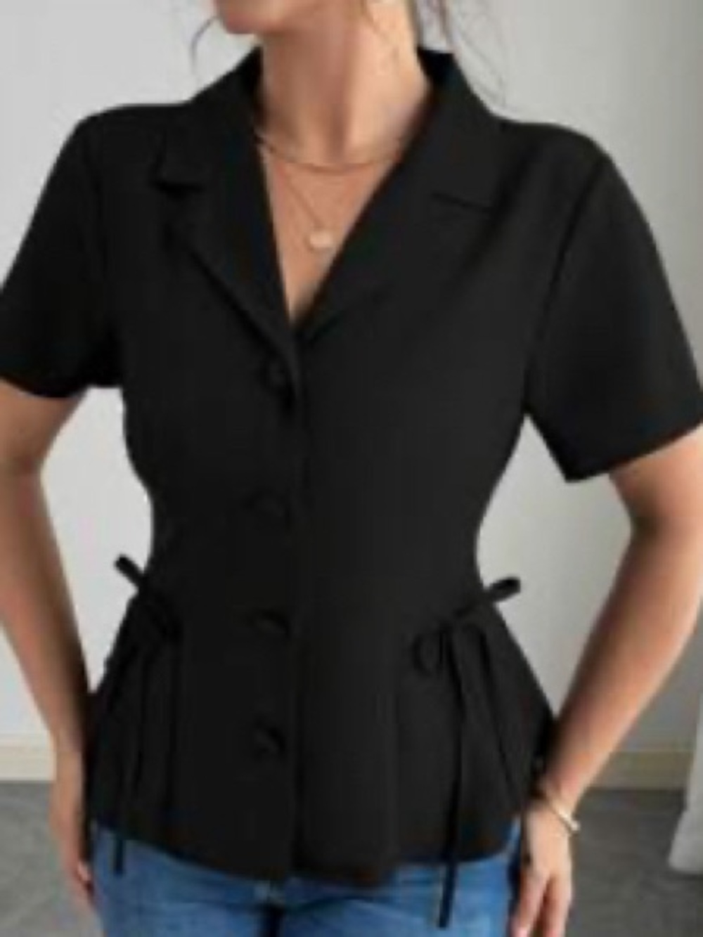 Classic Black Button-Front Short Sleeve Top